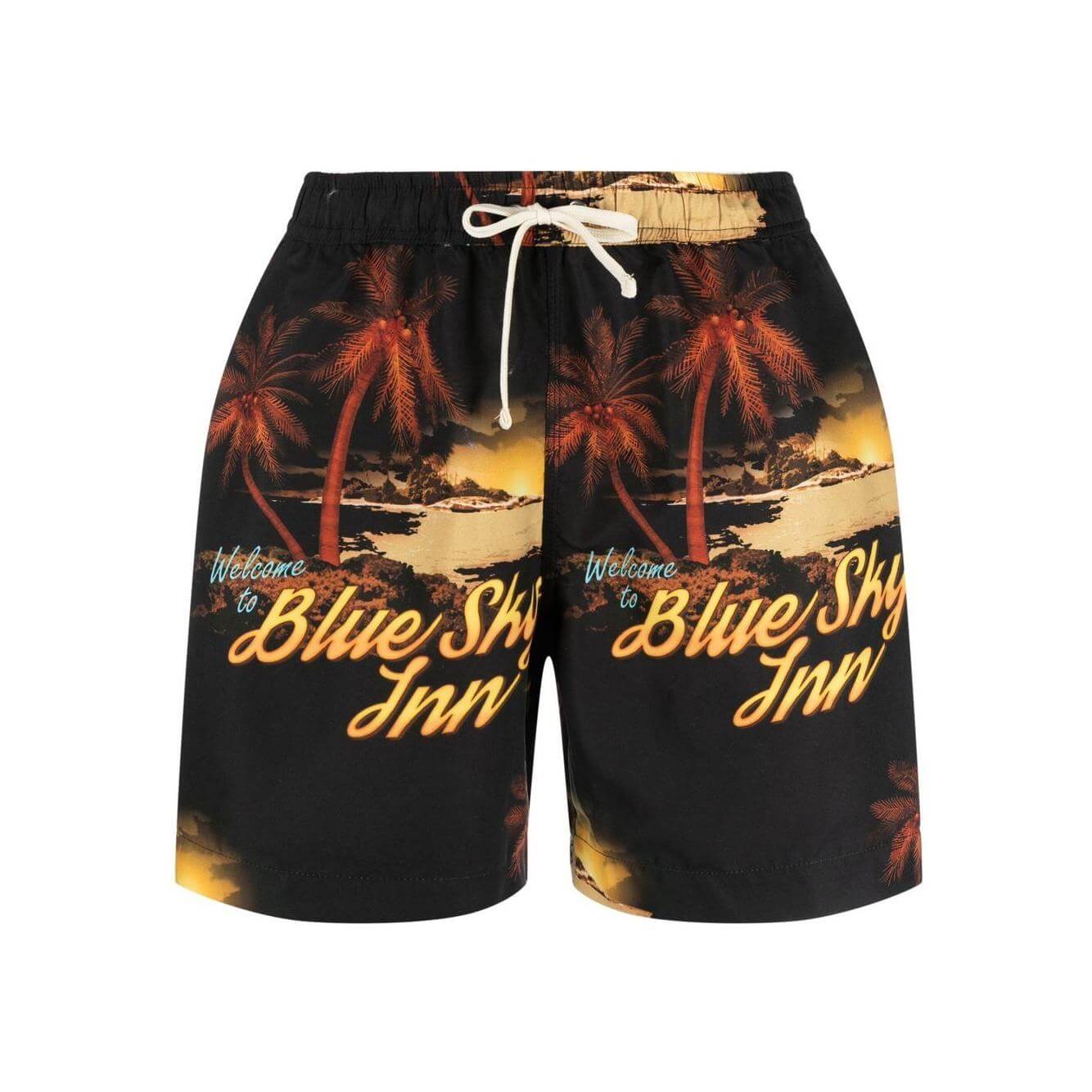 Graphic-print swim shorts by BLUE SKY INN featuring logo and palm tree design, drawstring waist, and straight leg.