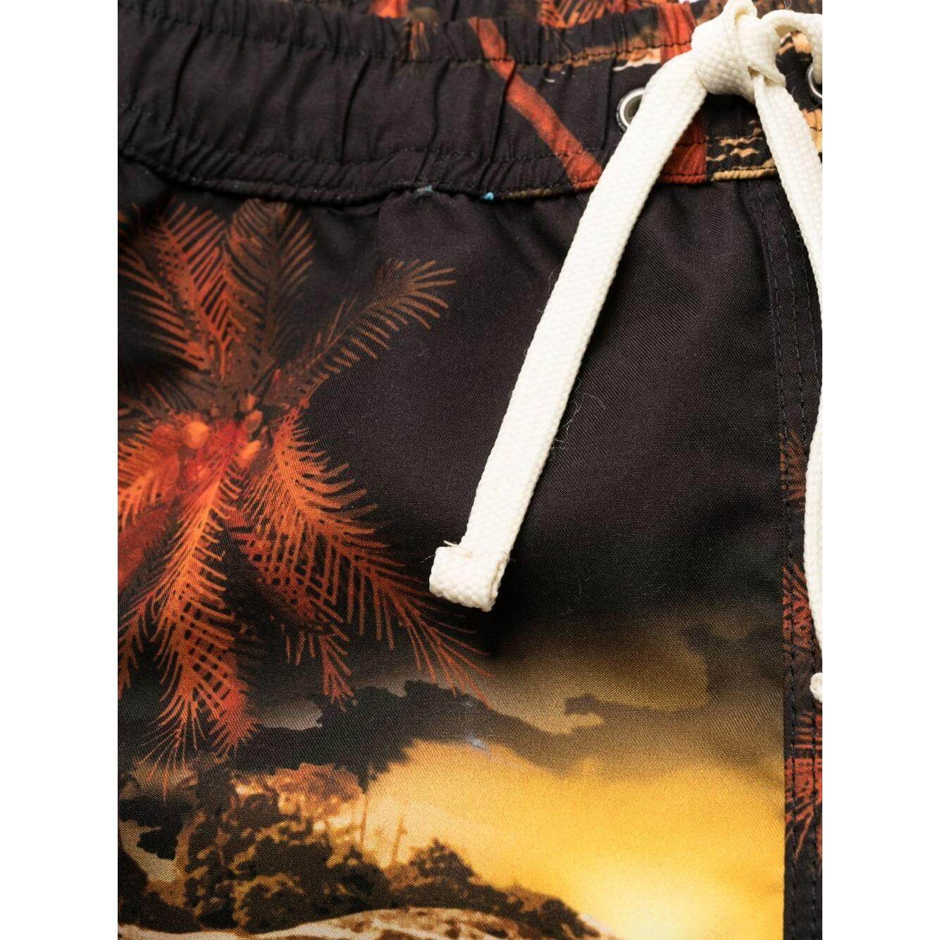 Close-up of BLUE SKY INN swim shorts featuring a palm tree print and drawstring waist in black and multicolor design.