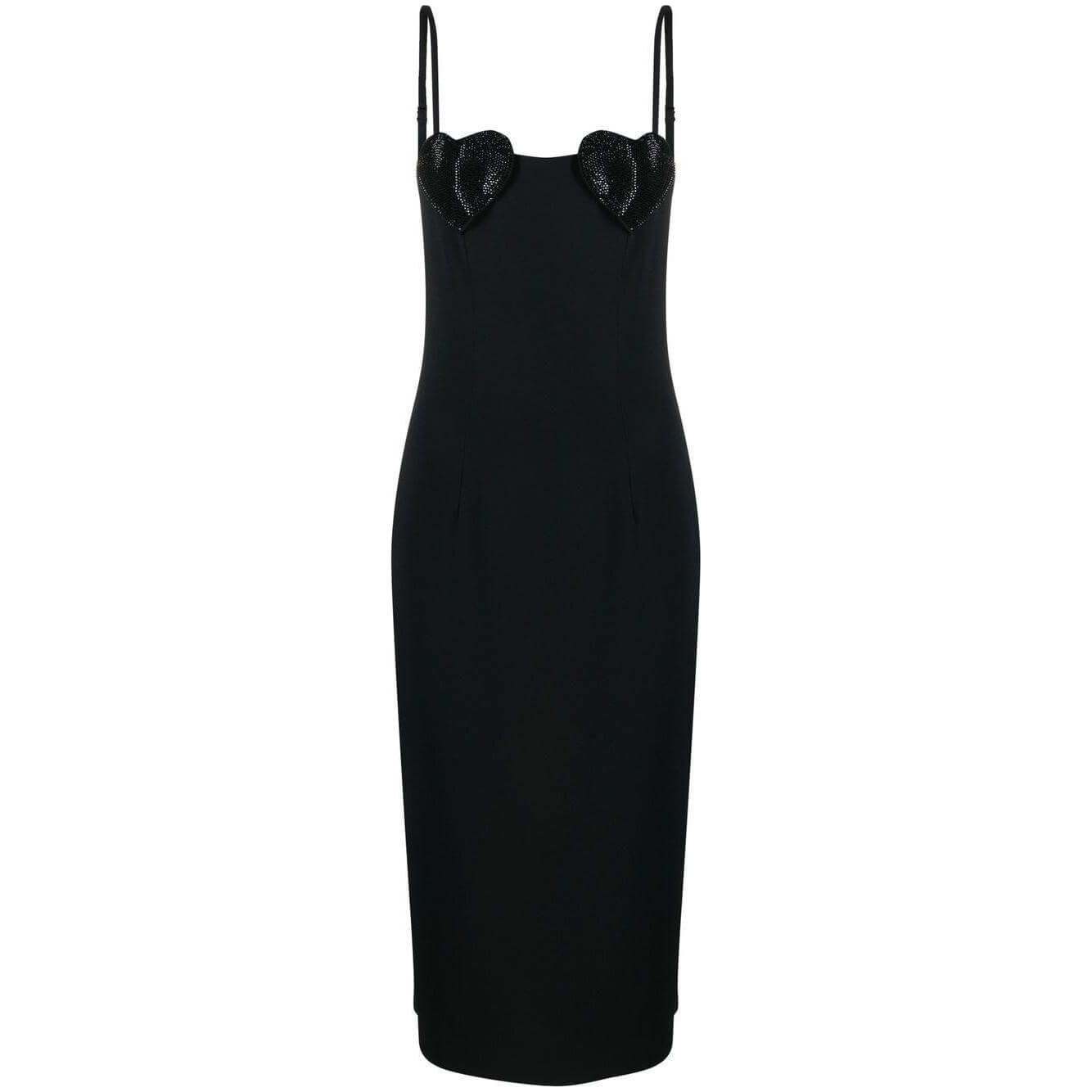 Blumarine black heart sequin midi dress with square neck and spaghetti straps, mid-length design, perfect for a chic evening look.