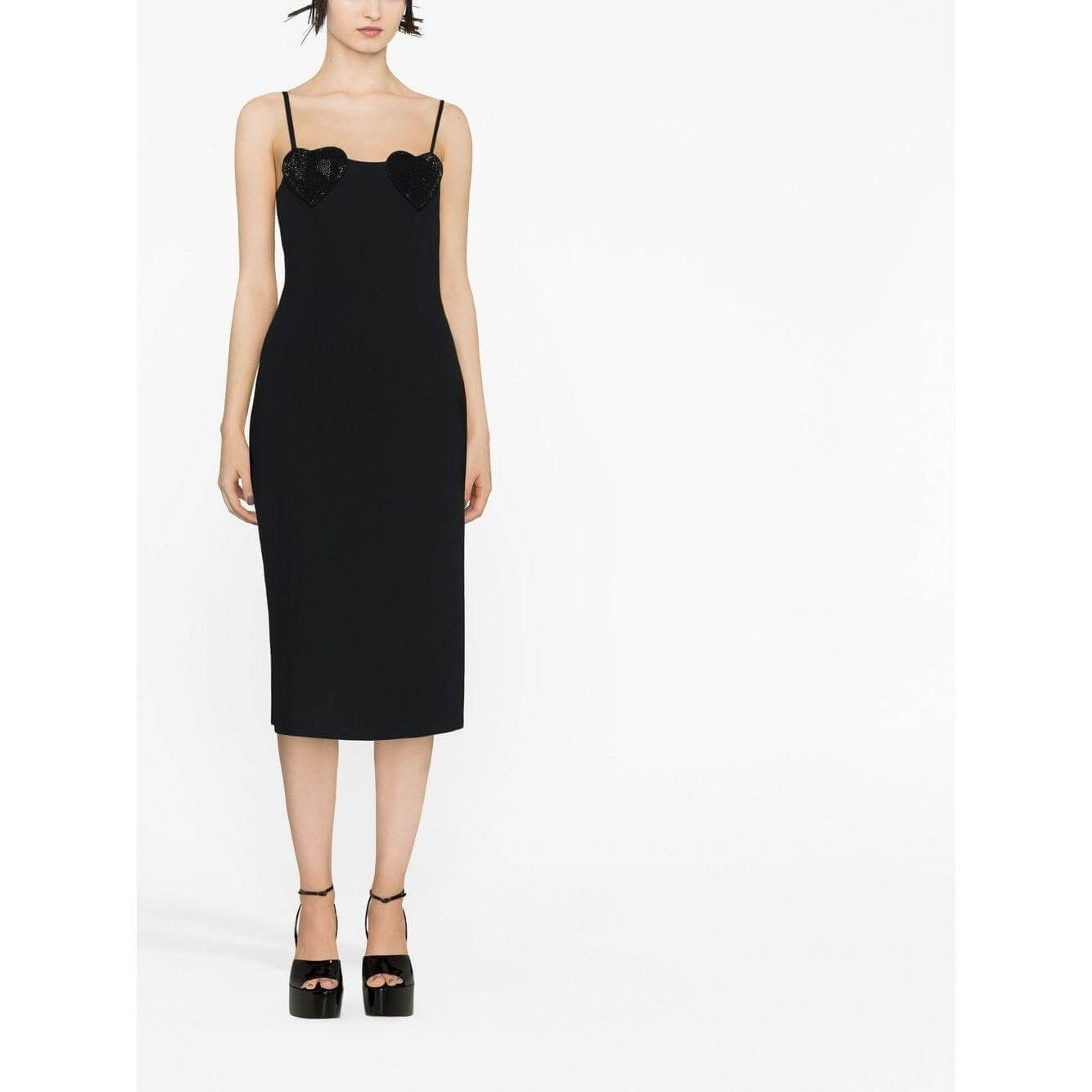 Alt Tag: Black Blumarine heart sequin midi dress with square neck and spaghetti straps, featuring central rear vent and mid-length fit.