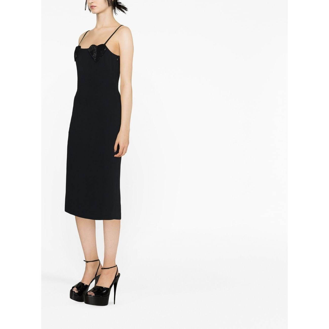 Black heart sequin midi dress with spaghetti straps, square neck, and rear vent by Blumarine, modeled on a white background.