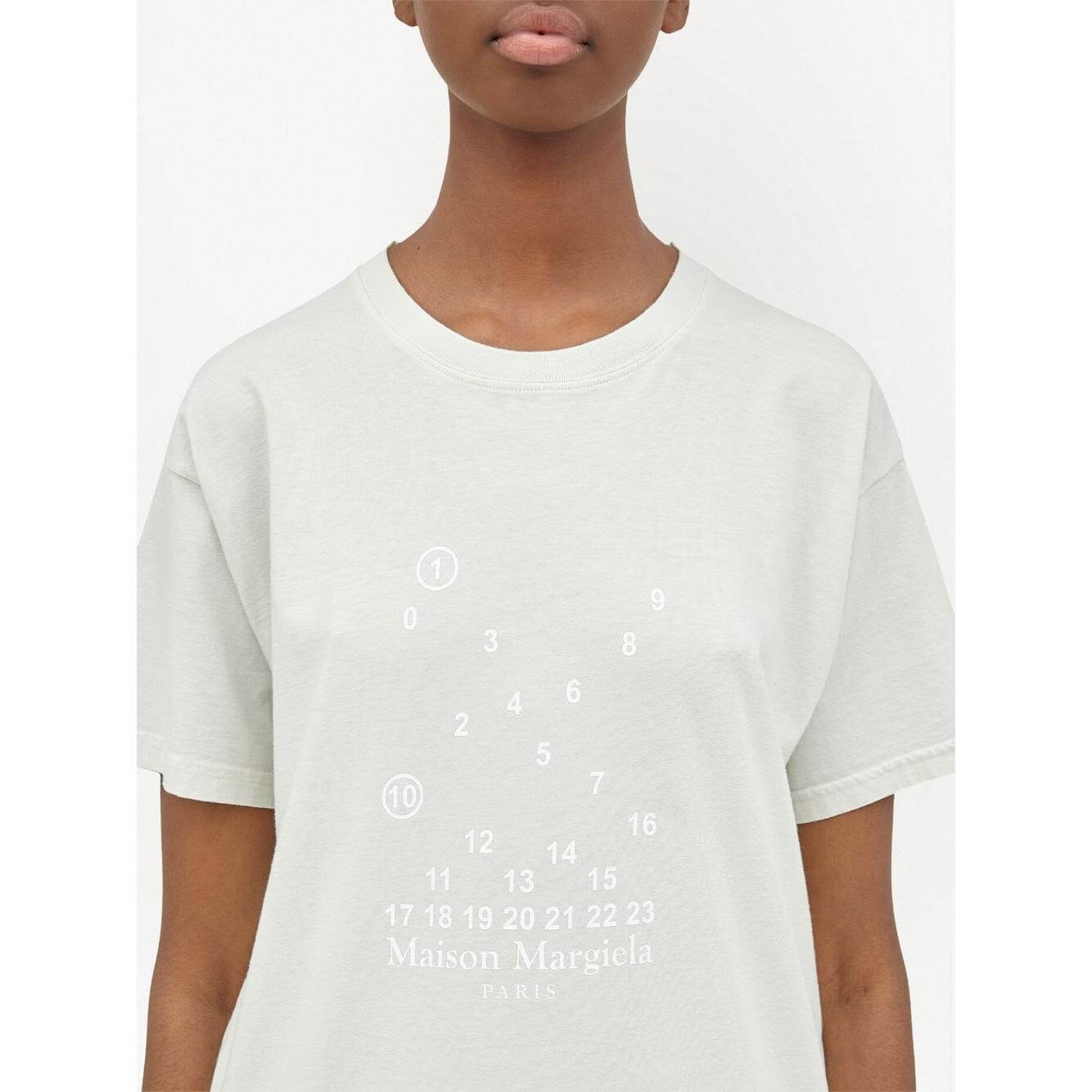 Maison Margiela white logo-print cotton T-shirt, crew neck, short sleeves, model wearing size S, front view.