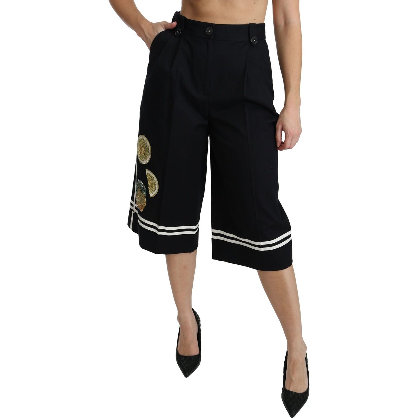 Dolce & Gabbana High Waist Palazzo Cropped Pants in Black Lemon Dolce & Gabbana Black