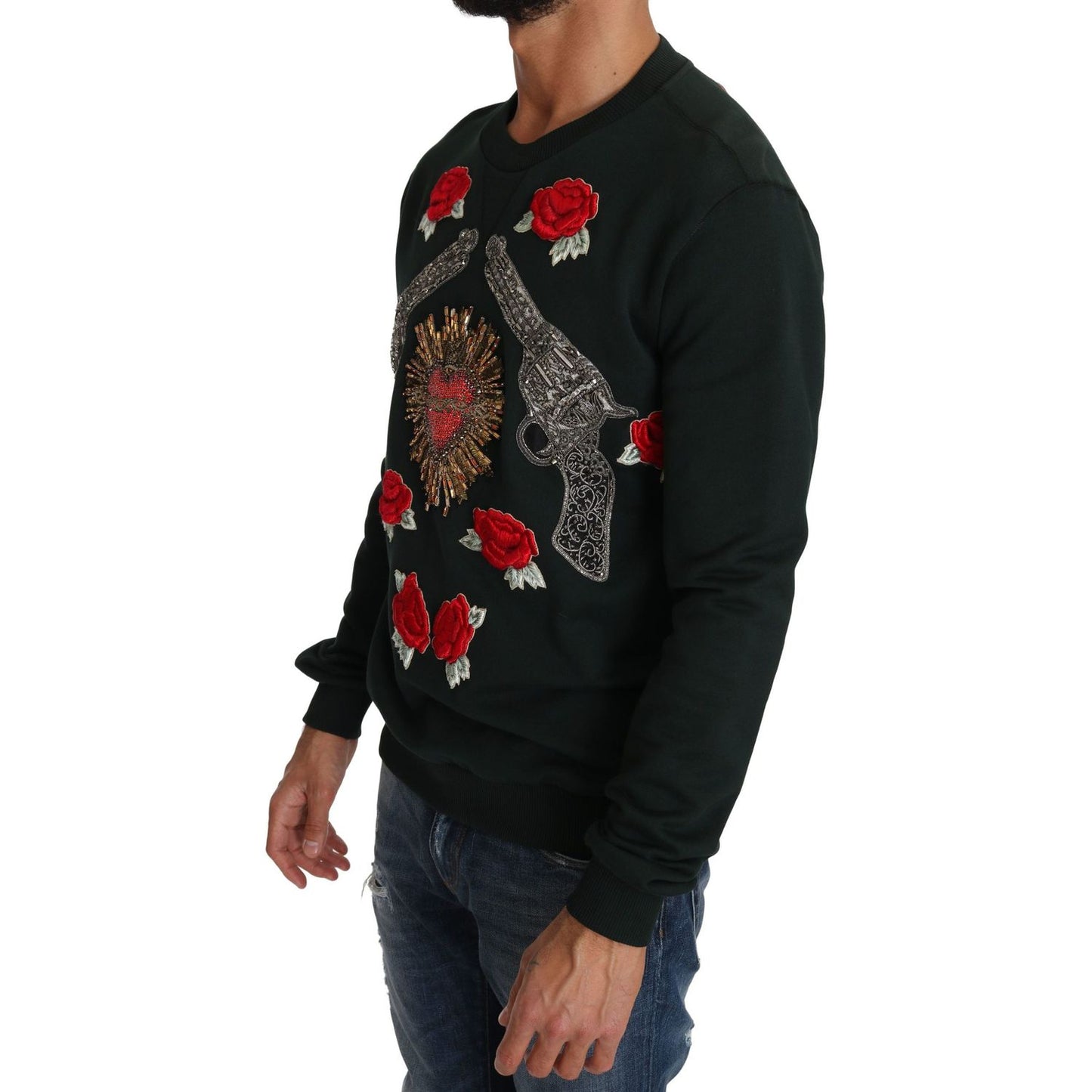 Dolce & Gabbana Emerald Cotton Sweater with Crystal Embroidery Dolce & Gabbana Black