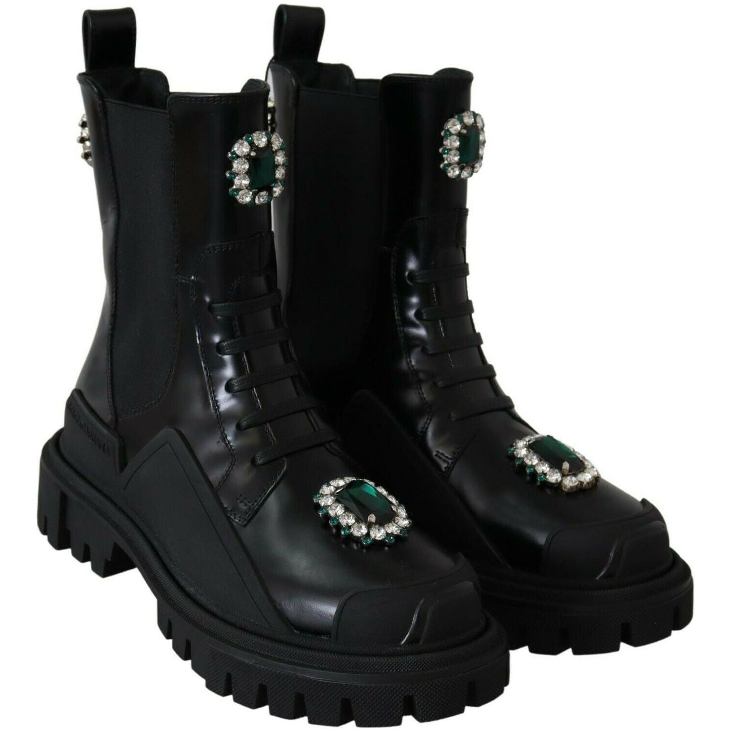 Dolce & Gabbana Elegant Black Leather Combat Boots with Crystal Detail Dolce & Gabbana Black