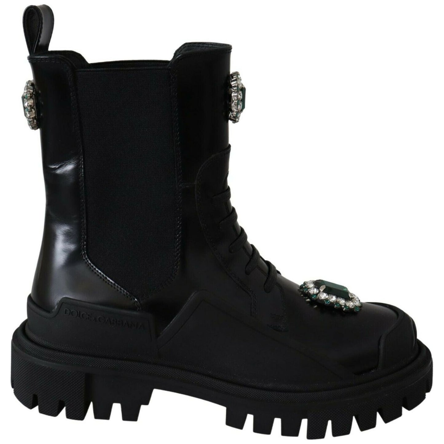 Dolce & Gabbana Elegant Black Leather Combat Boots with Crystal Detail Dolce & Gabbana Black