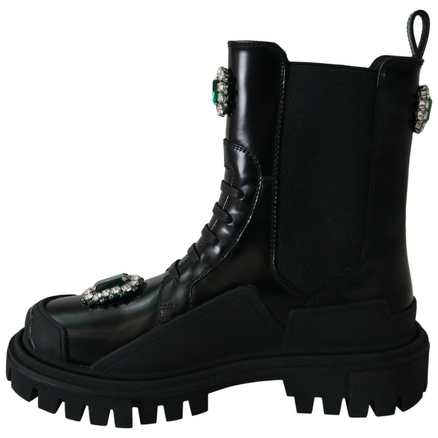 Dolce & Gabbana Elegant Black Leather Combat Boots with Crystal Detail Dolce & Gabbana Black