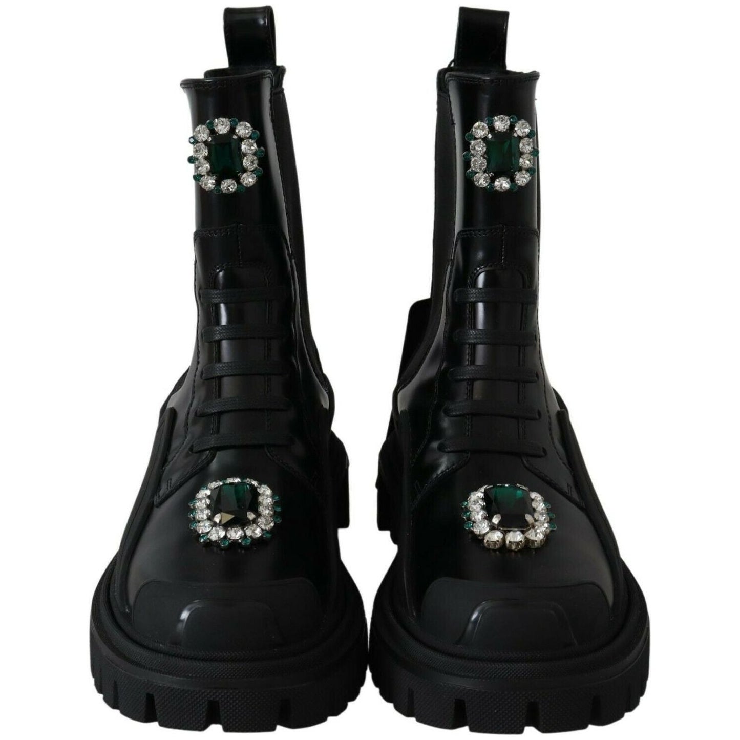 Dolce & Gabbana Elegant Black Leather Combat Boots with Crystal Detail Dolce & Gabbana Black