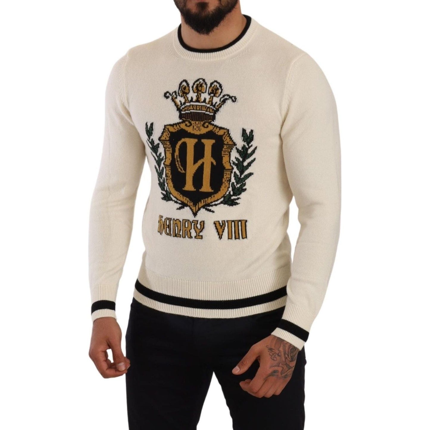 Dolce & Gabbana Elegant Snow-White Heraldic Cashmere Sweater Dolce & Gabbana Black