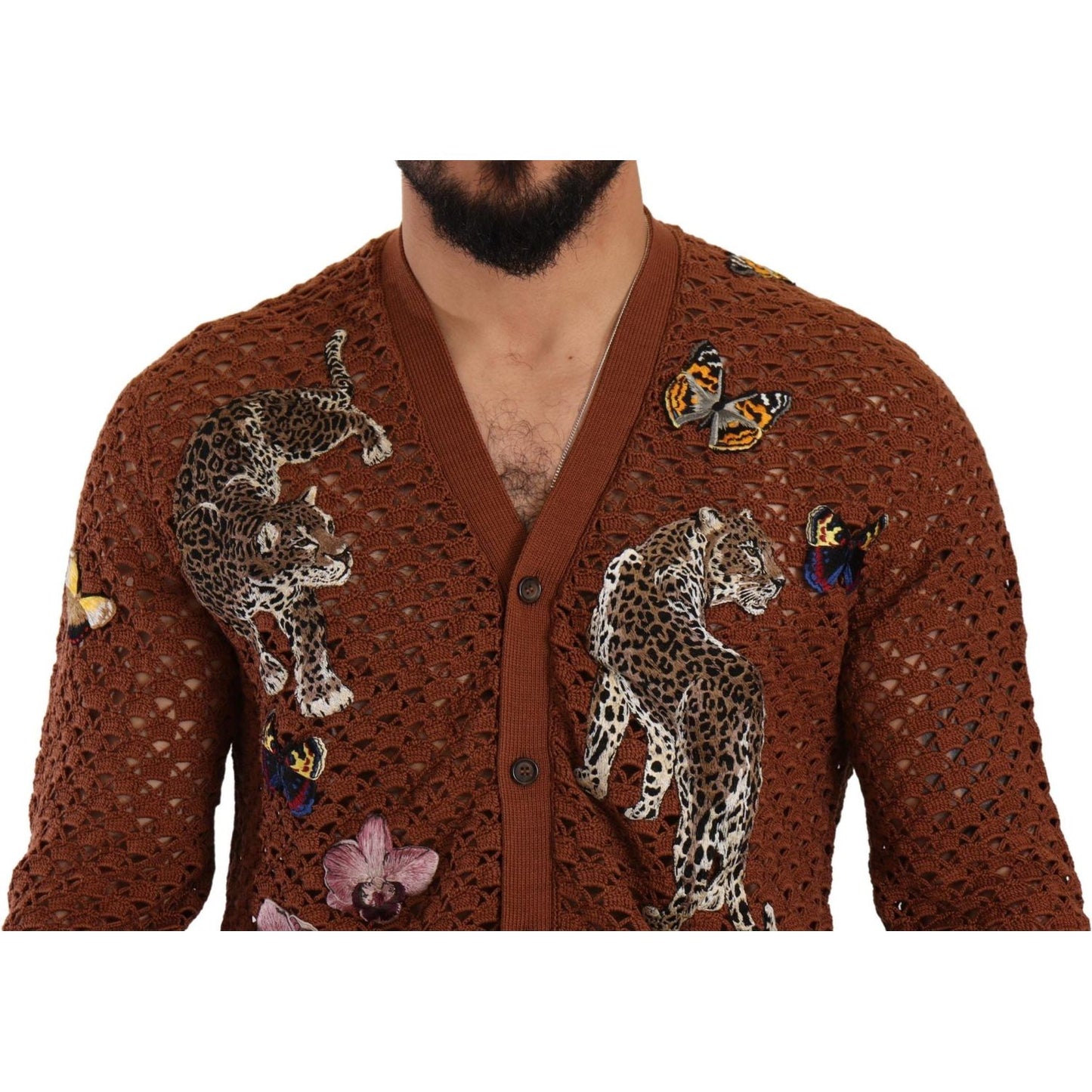 Dolce & Gabbana Refined Elegance Multicolor Embroidered Cardigan MAN SWEATERS Dolce & Gabbana Saddle Brown