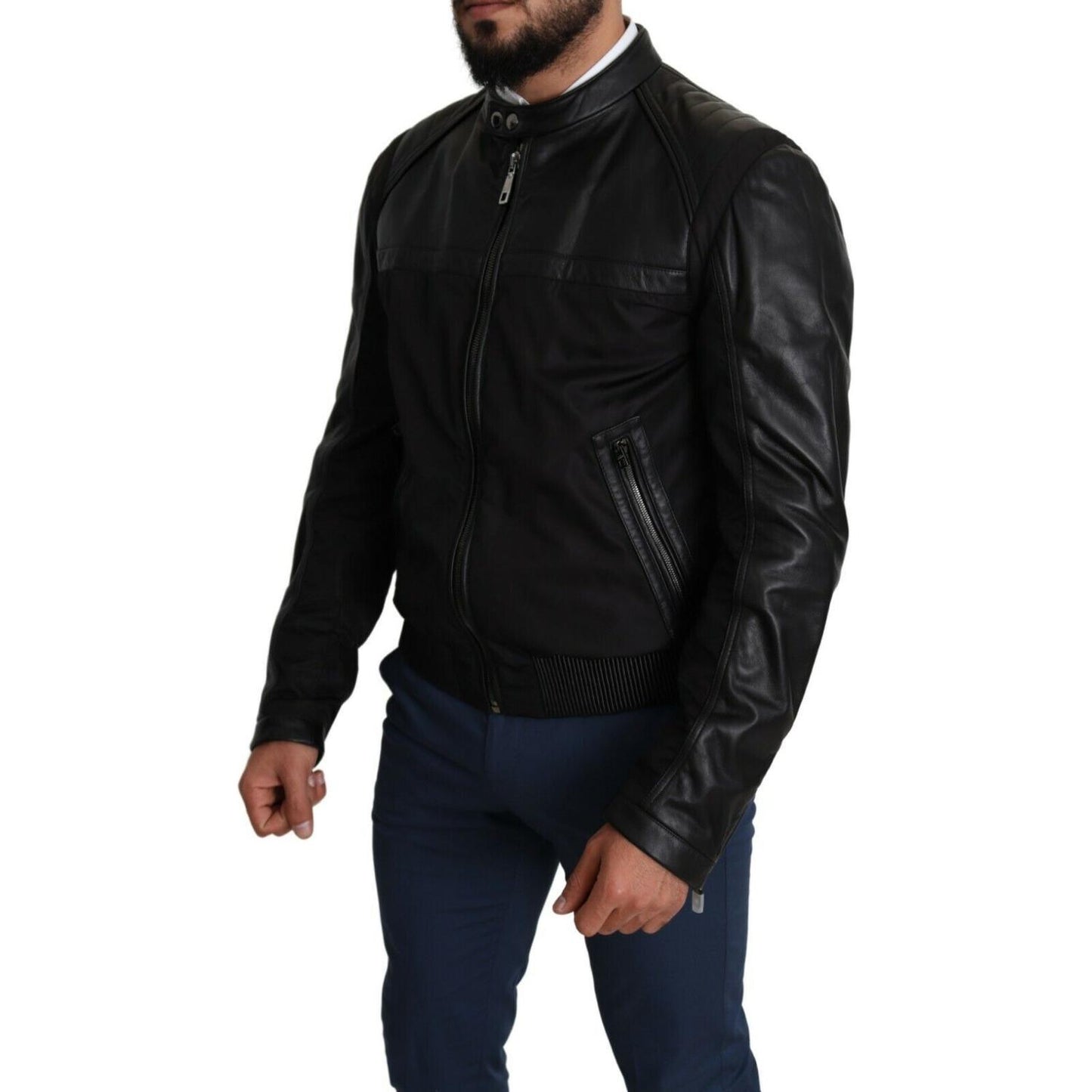 Dolce & Gabbana Elegant Black Bomber with Leather Accents MAN COATS & JACKETS Dolce & Gabbana Black