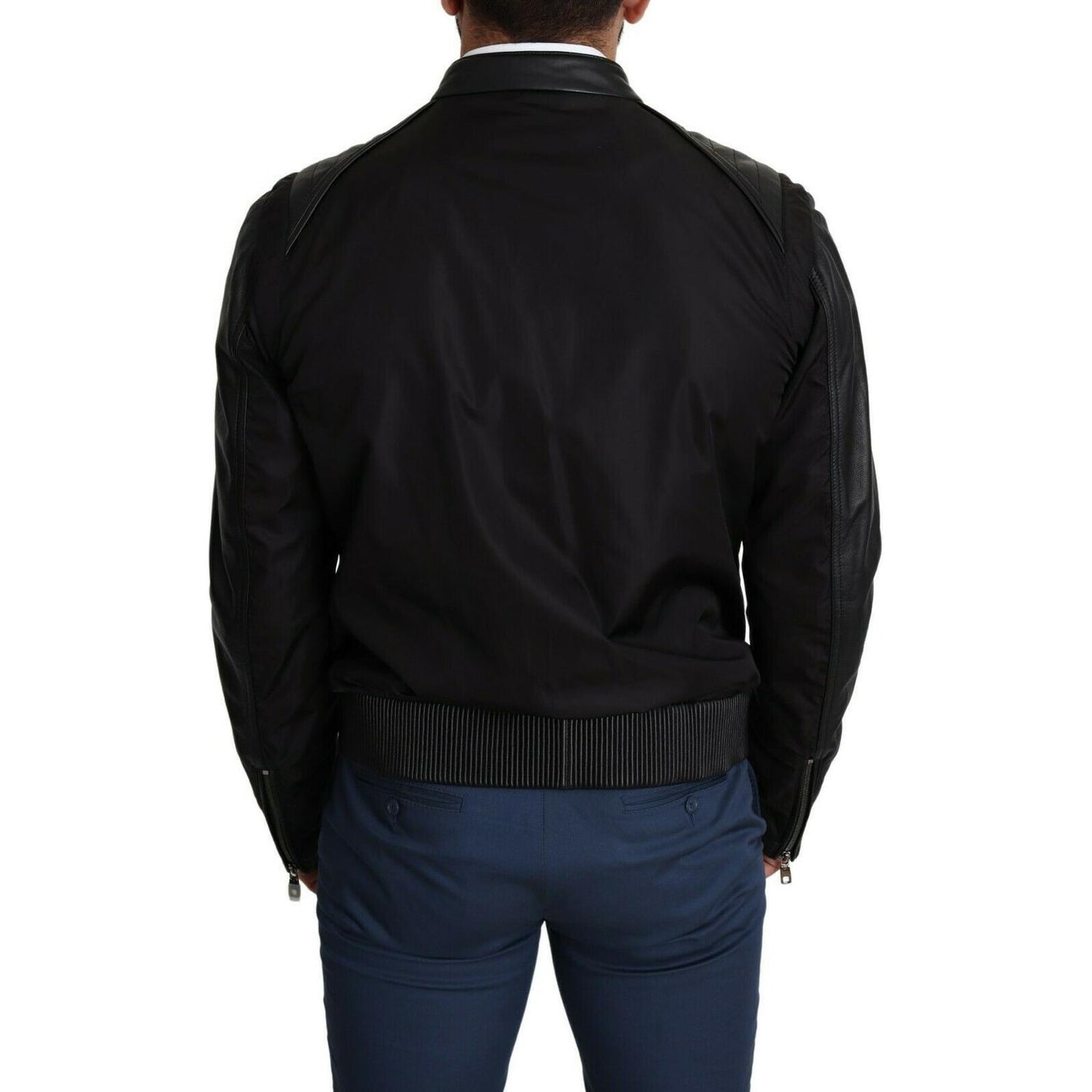 Dolce & Gabbana Elegant Black Bomber with Leather Accents MAN COATS & JACKETS Dolce & Gabbana Black