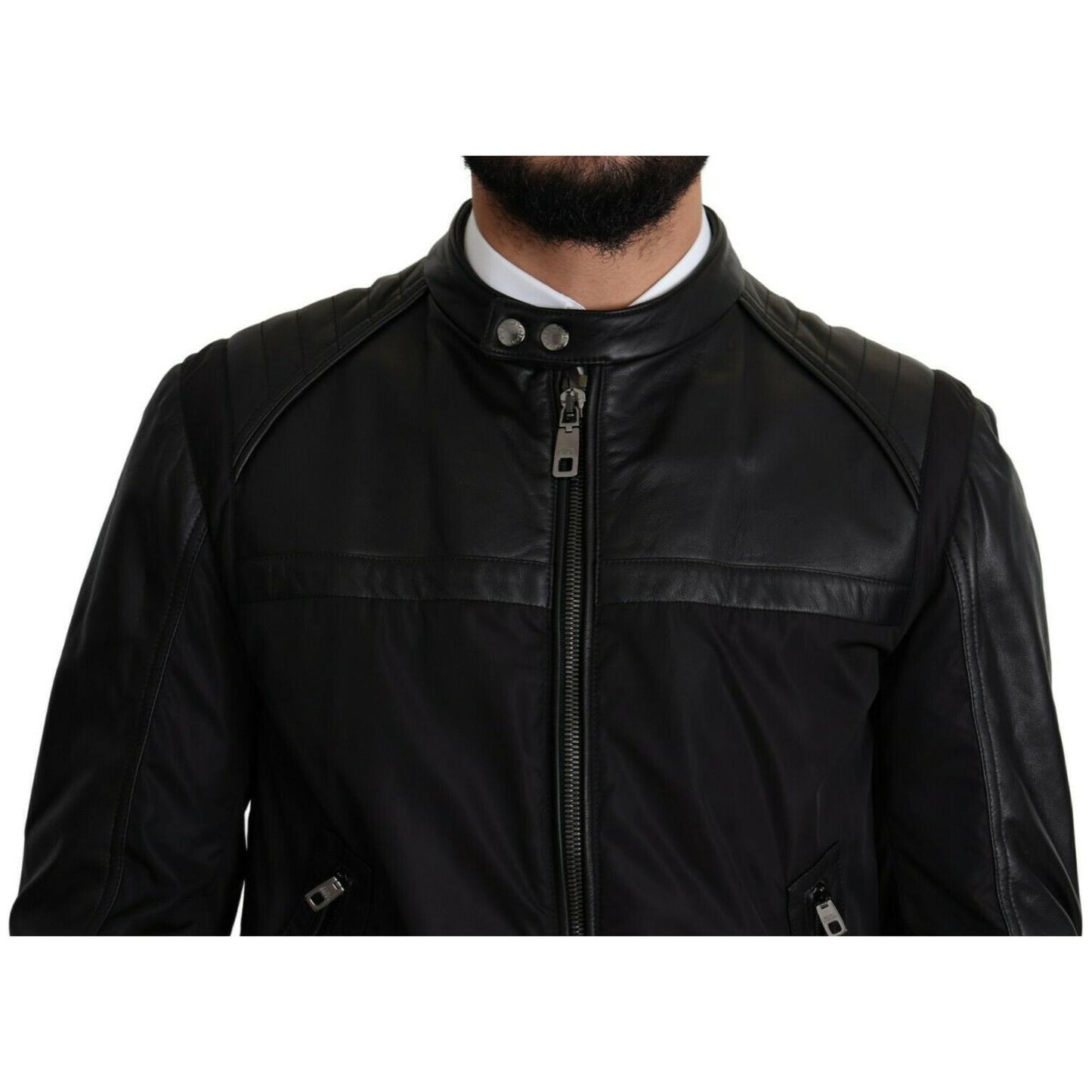 Dolce & Gabbana Elegant Black Bomber with Leather Accents MAN COATS & JACKETS Dolce & Gabbana Black