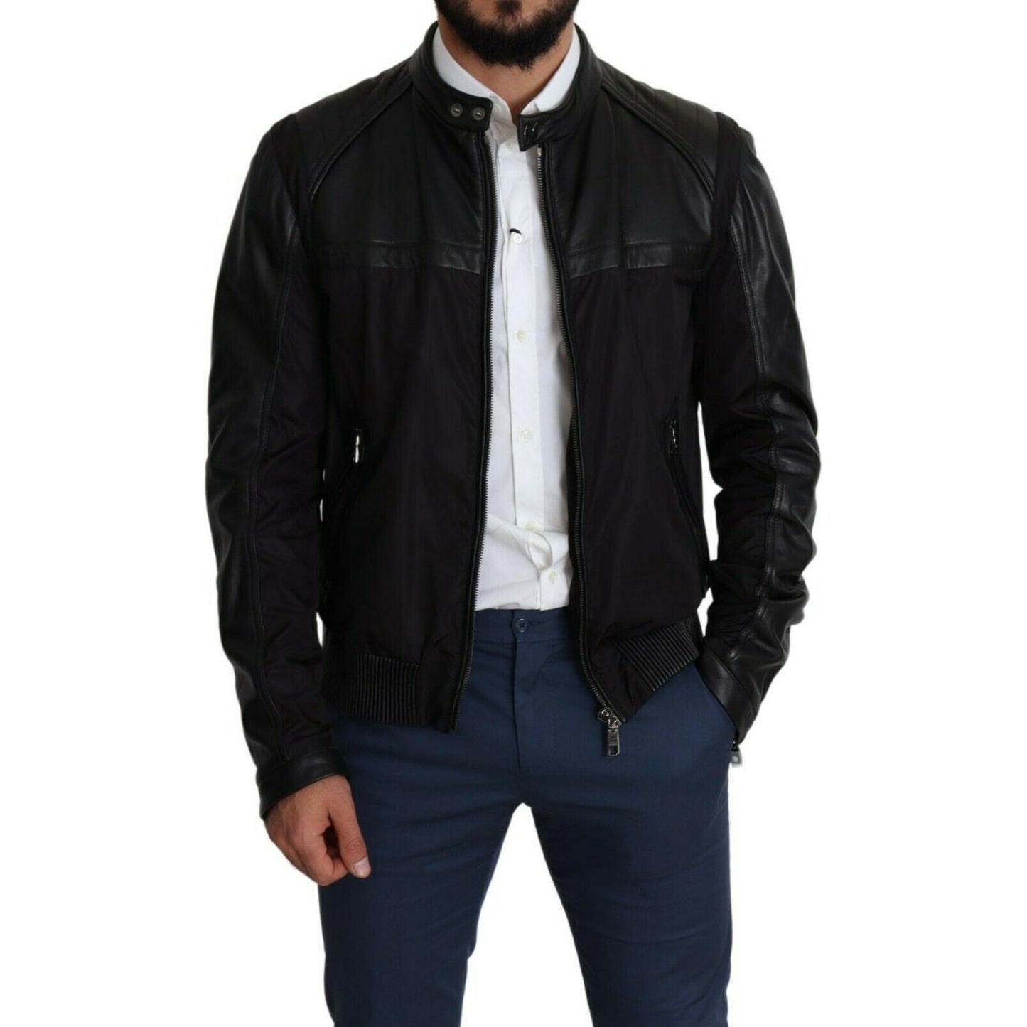 Dolce & Gabbana Elegant Black Bomber with Leather Accents MAN COATS & JACKETS Dolce & Gabbana Black