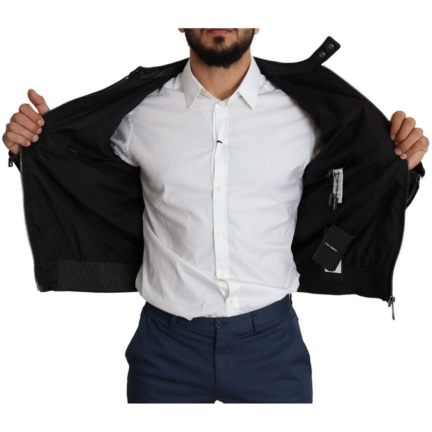 Dolce & Gabbana Elegant Black Bomber with Leather Accents MAN COATS & JACKETS Dolce & Gabbana Black