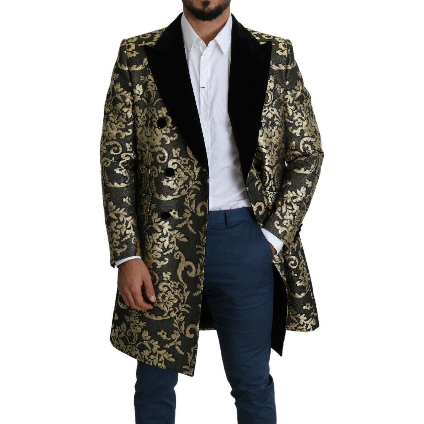 Dolce & Gabbana Gold Black Sicilia Jacquard Double-Breasted Coat Dolce & Gabbana Black