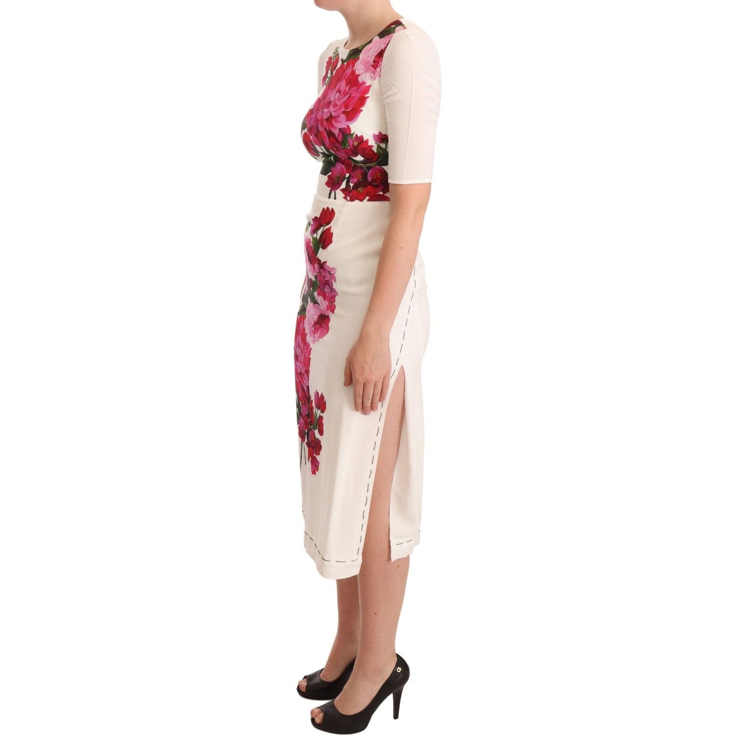 Dolce & Gabbana Elegant Floral Midi Bodycon Dress Dolce & Gabbana Light Gray