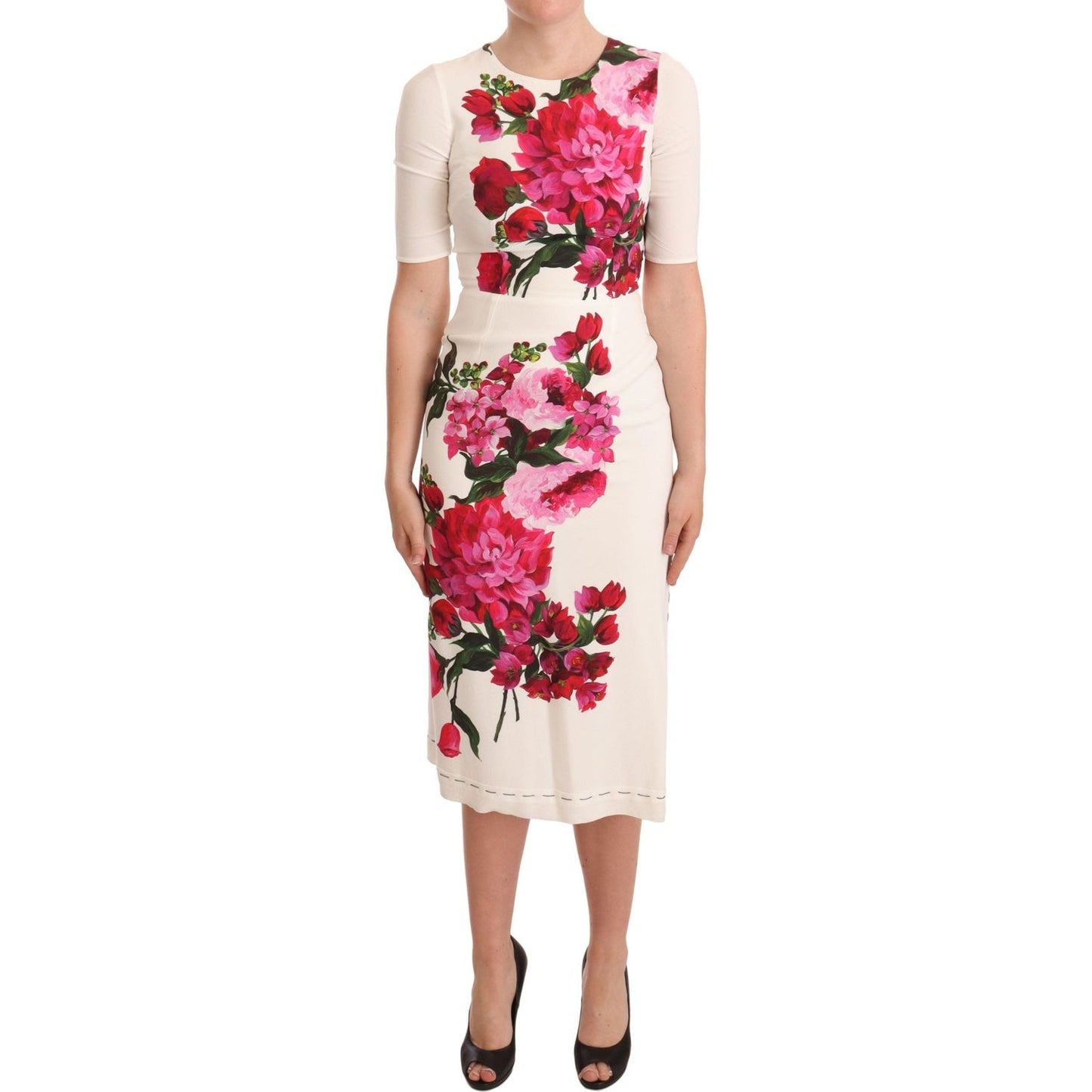 Dolce & Gabbana Elegant Floral Midi Bodycon Dress Dolce & Gabbana Light Gray