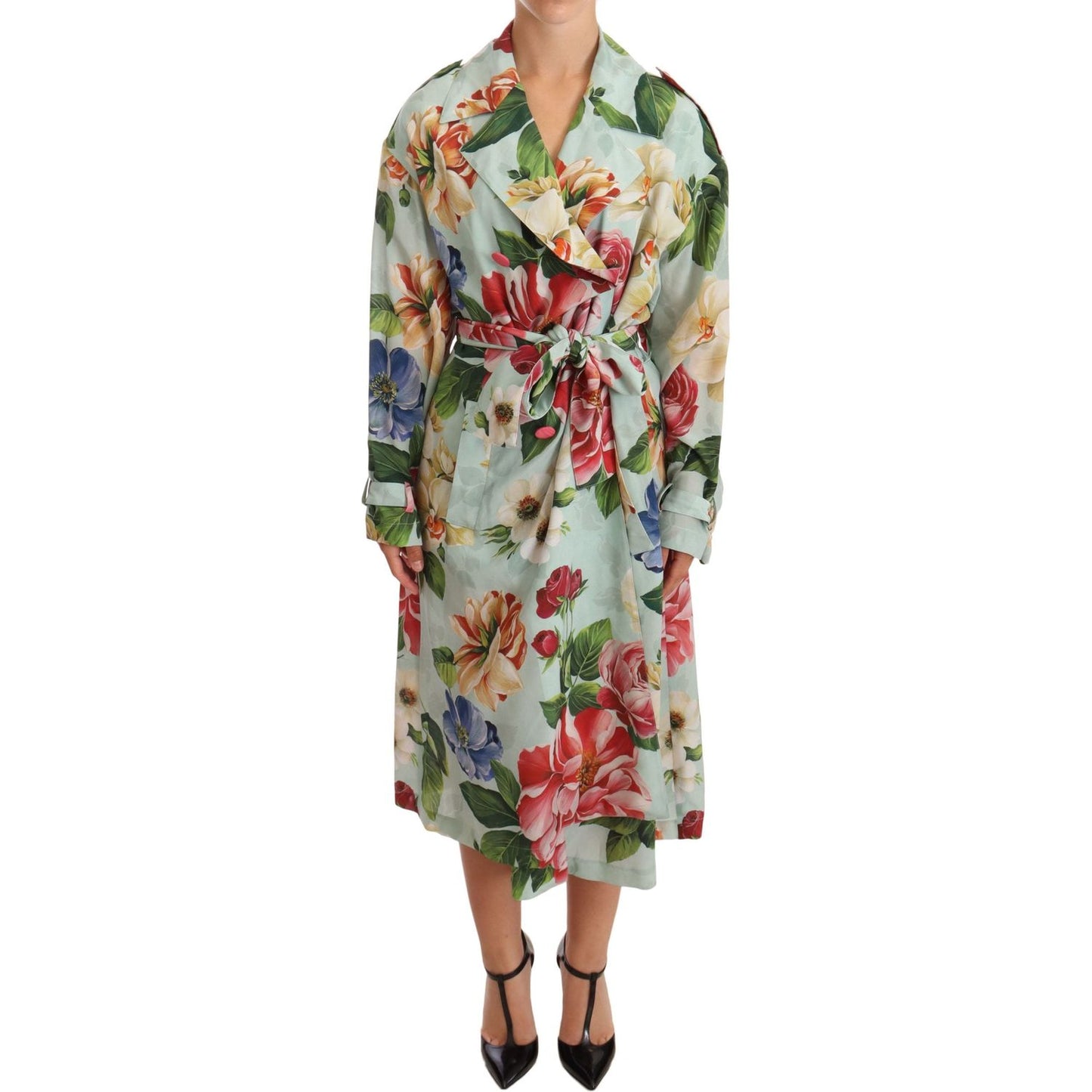 Dolce & Gabbana Elegant Floral Silk Trench Coat WOMAN COATS & JACKETS Dolce & Gabbana Dark Gray