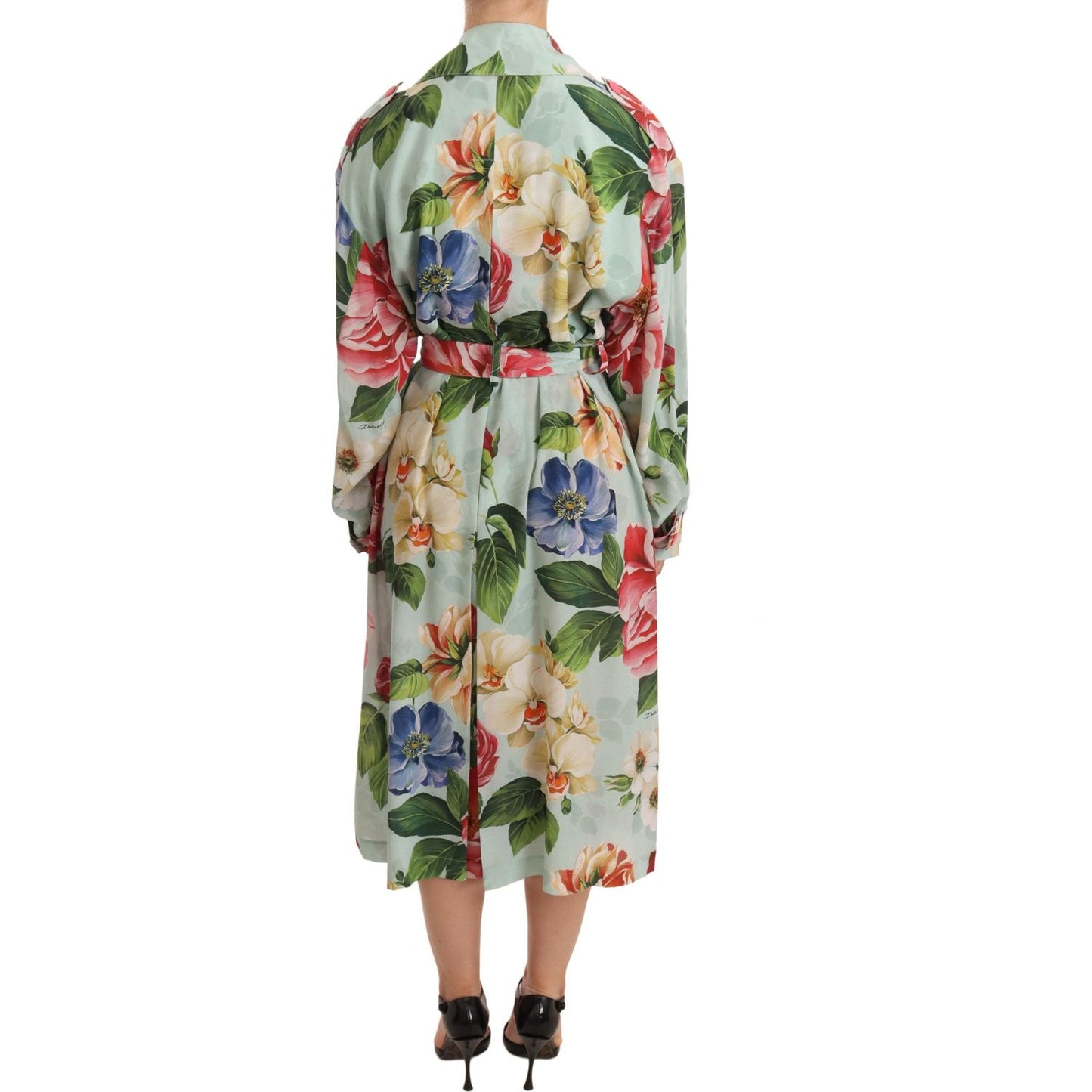 Dolce & Gabbana Elegant Floral Silk Trench Coat WOMAN COATS & JACKETS Dolce & Gabbana Dark Gray