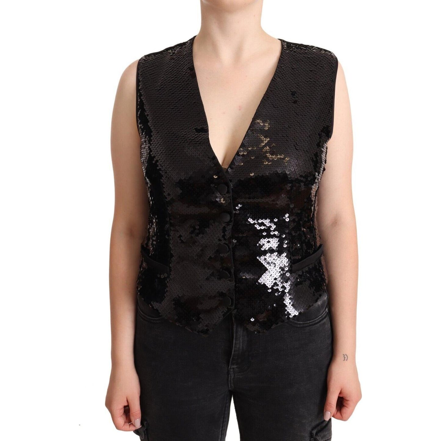 Dolce & Gabbana Elegant Black Sequined Sleeveless Vest Top WOMAN TOPS AND SHIRTS Dolce & Gabbana Black