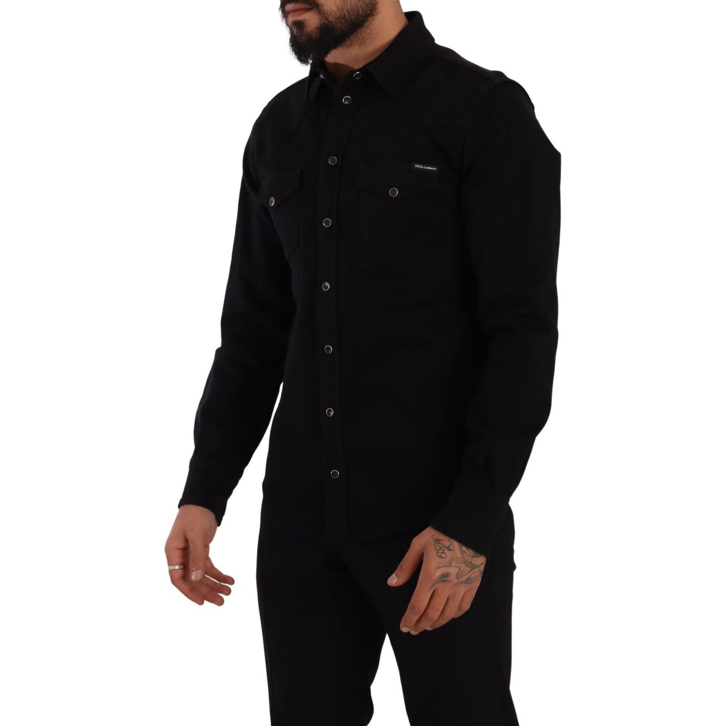 Dolce & Gabbana Black Slim Cotton Denim Stretch Shirt TSH7564- 39
