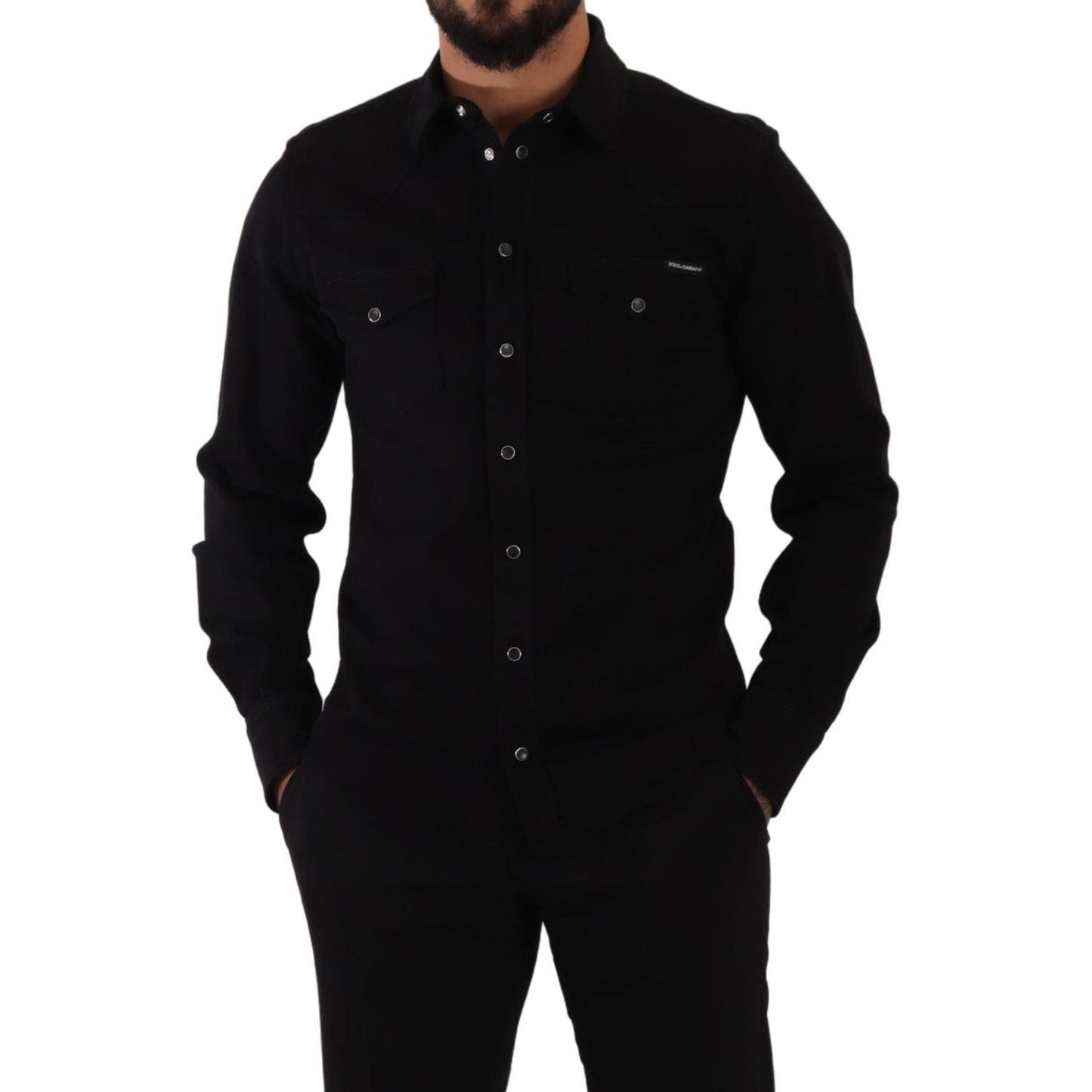 Dolce & Gabbana Black Slim Cotton Denim Stretch Shirt TSH7564- 39