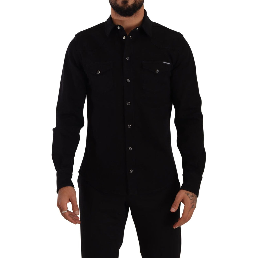 Dolce & Gabbana Black Slim Cotton Denim Stretch Shirt TSH7564- 39