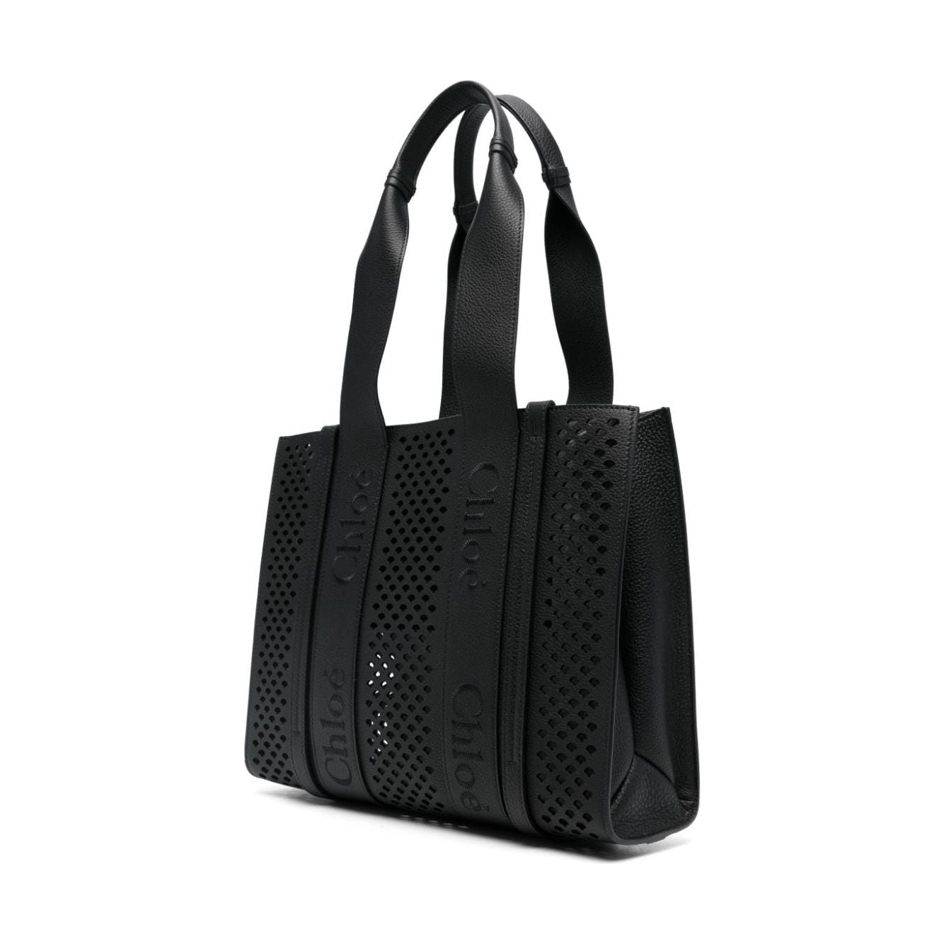 Chloè Woody Perforated Leather Tote Bag in Black Shopper Chloè Black