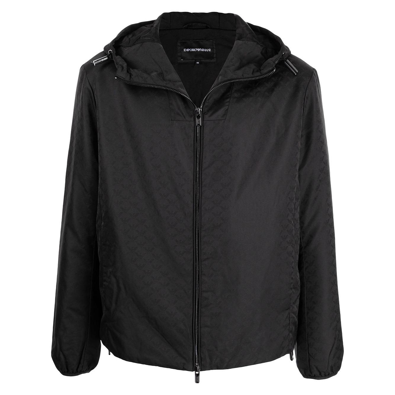 Emporio Armani Hooded jacket with zip in nylon jacquard eagle all over