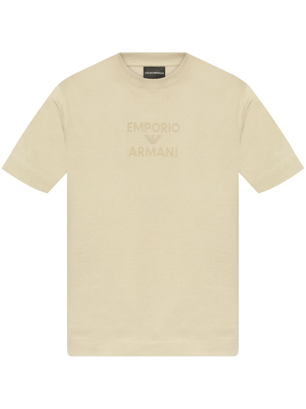 Beige Emporio Armani logo T-shirt with crew neck, embossed front logo, short sleeves, and straight hem.