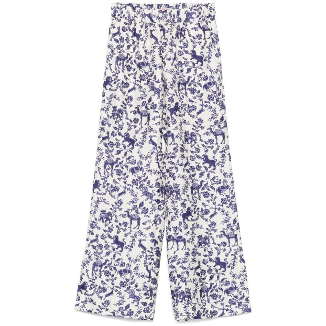 Alberto Biani ecru printed silk trousers with elasticated waistband and seam detailing, featuring a blue and white pattern.