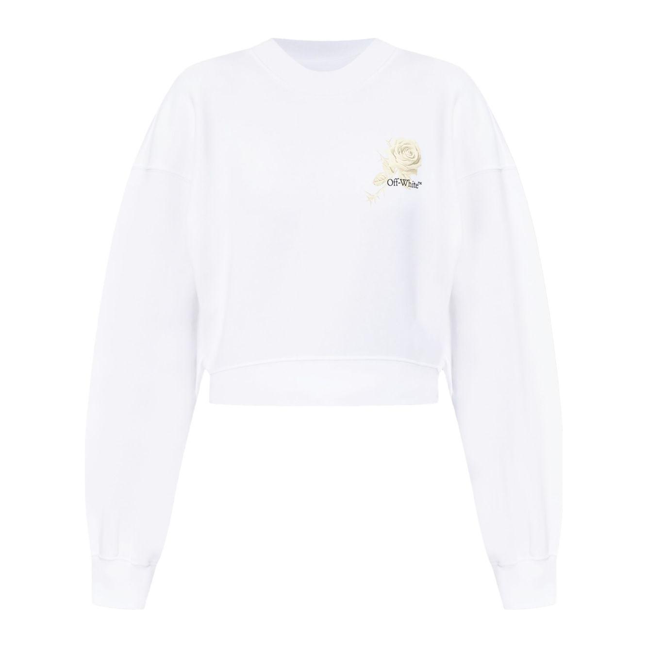 Off White cropped white sweatshirt with crew neck, ribbed cuffs, and graphic roses and arrows print on the back.
