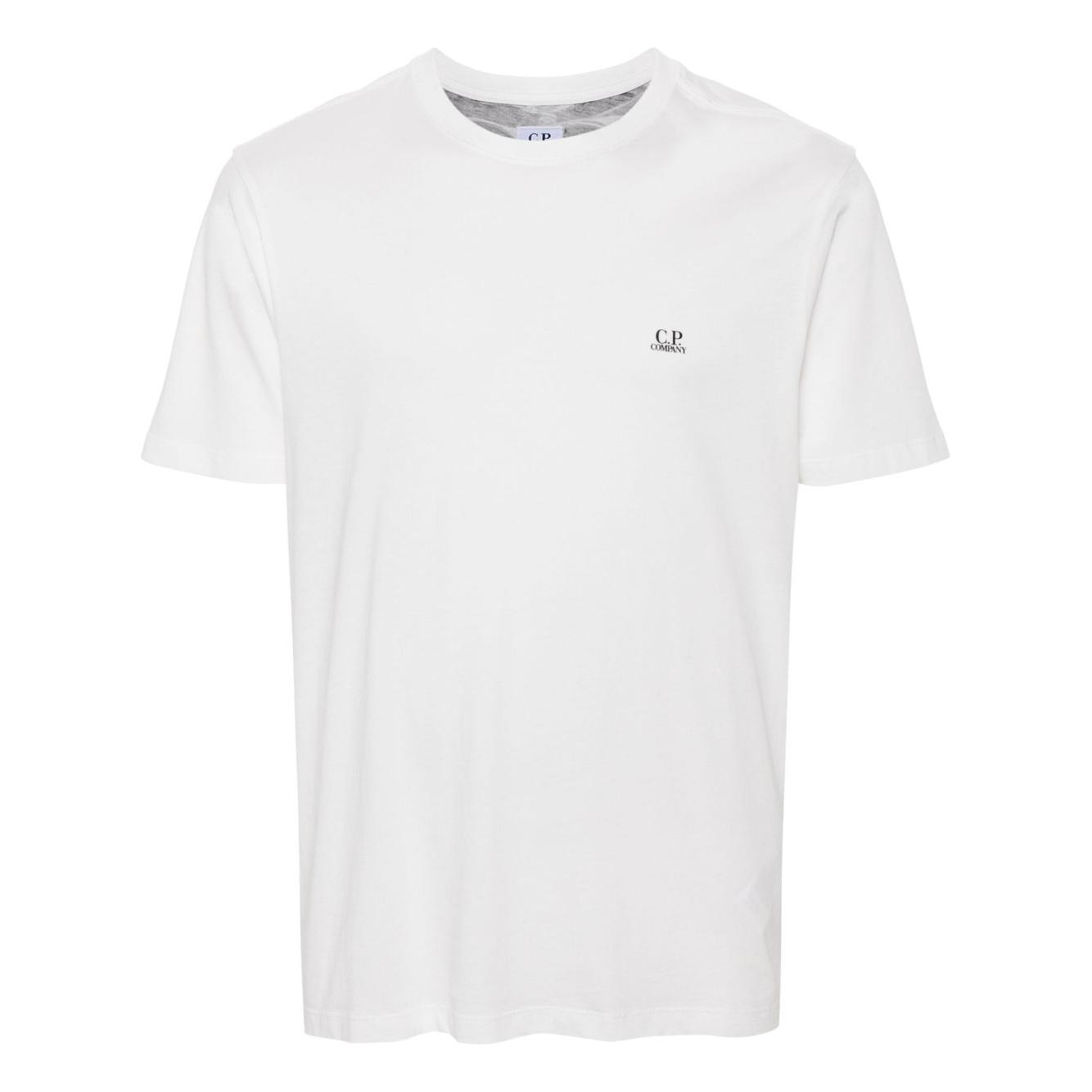C.P. Company white cotton t-shirt with logo print on chest and signature Goggles print on back, crew neck, short sleeves.
