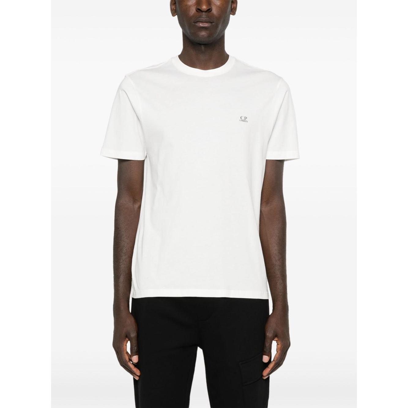Model wearing C.P. Company white cotton crew neck t-shirt with logo print, short sleeves, and straight hem.
