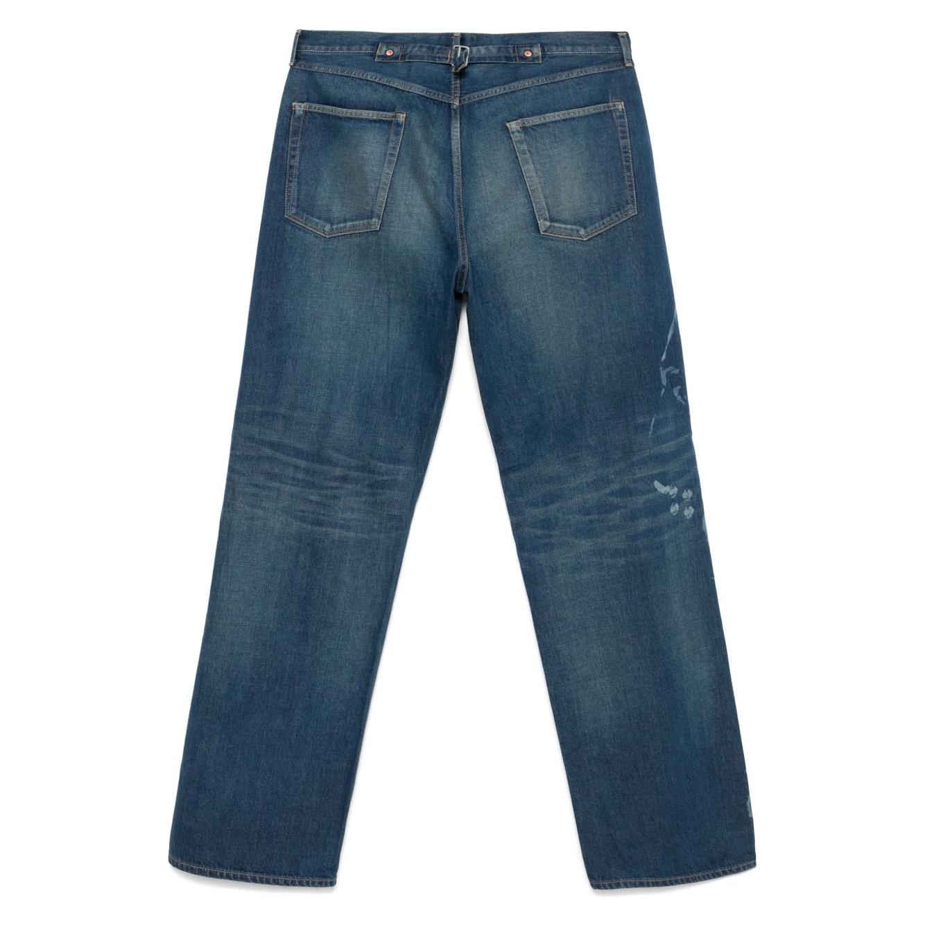 Indigo blue Junya Watanabe jeans, button fly, five-pocket design, adjustable rear strap, classic fit, back view