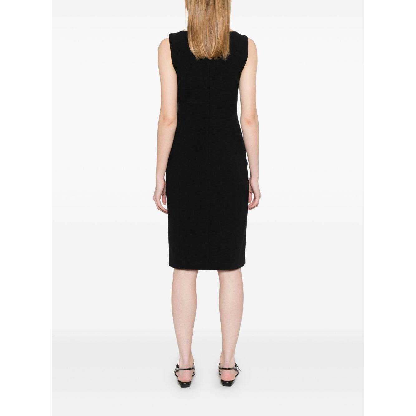 Back view of Emporio Armani black ottoman jersey sheath dress with boat neck and straight hem, sleeveless design, size 40 IT.