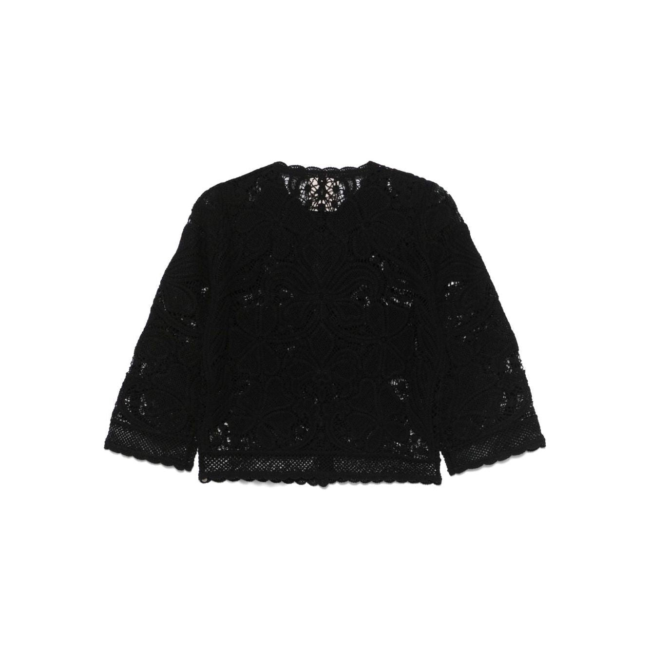 Black cotton cardigan with scallop edge and button fastening, Semicouture Adriana design, crew neck, long sleeves, size S available.