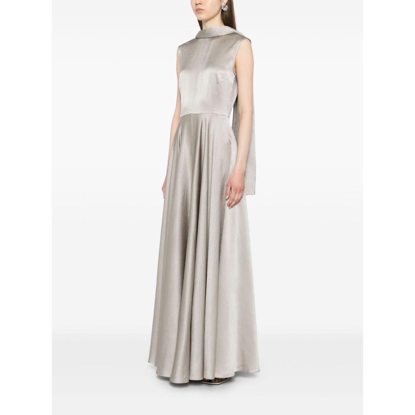 Solace London ash grey Emelia maxi dress with scarf detail, sleeveless and flared, shown on model, size 8 UK, concealed rear fastening.