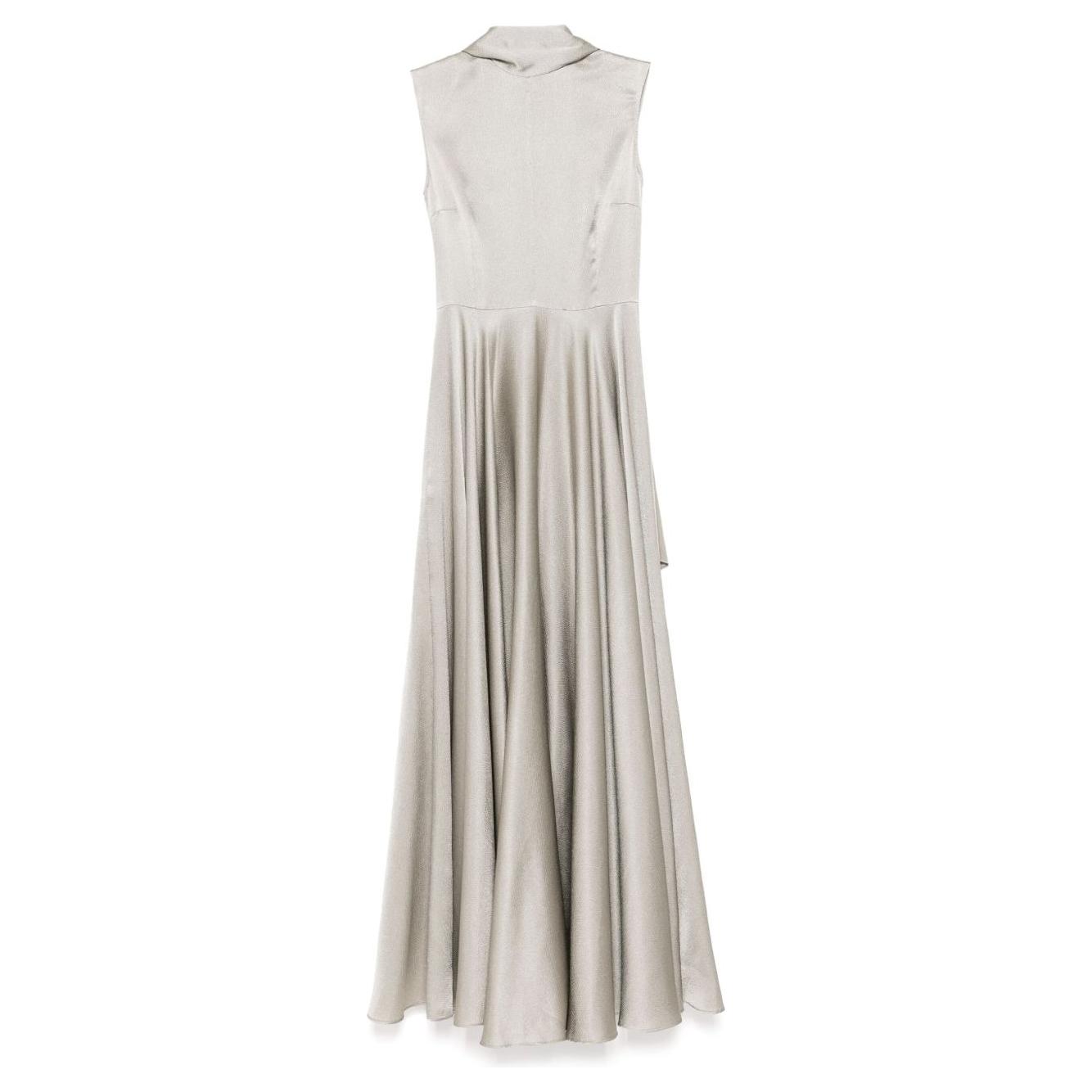 Solace London ash grey Emelia maxi dress with scarf detailing, sleeveless, flared design, and rear zip fastening.
