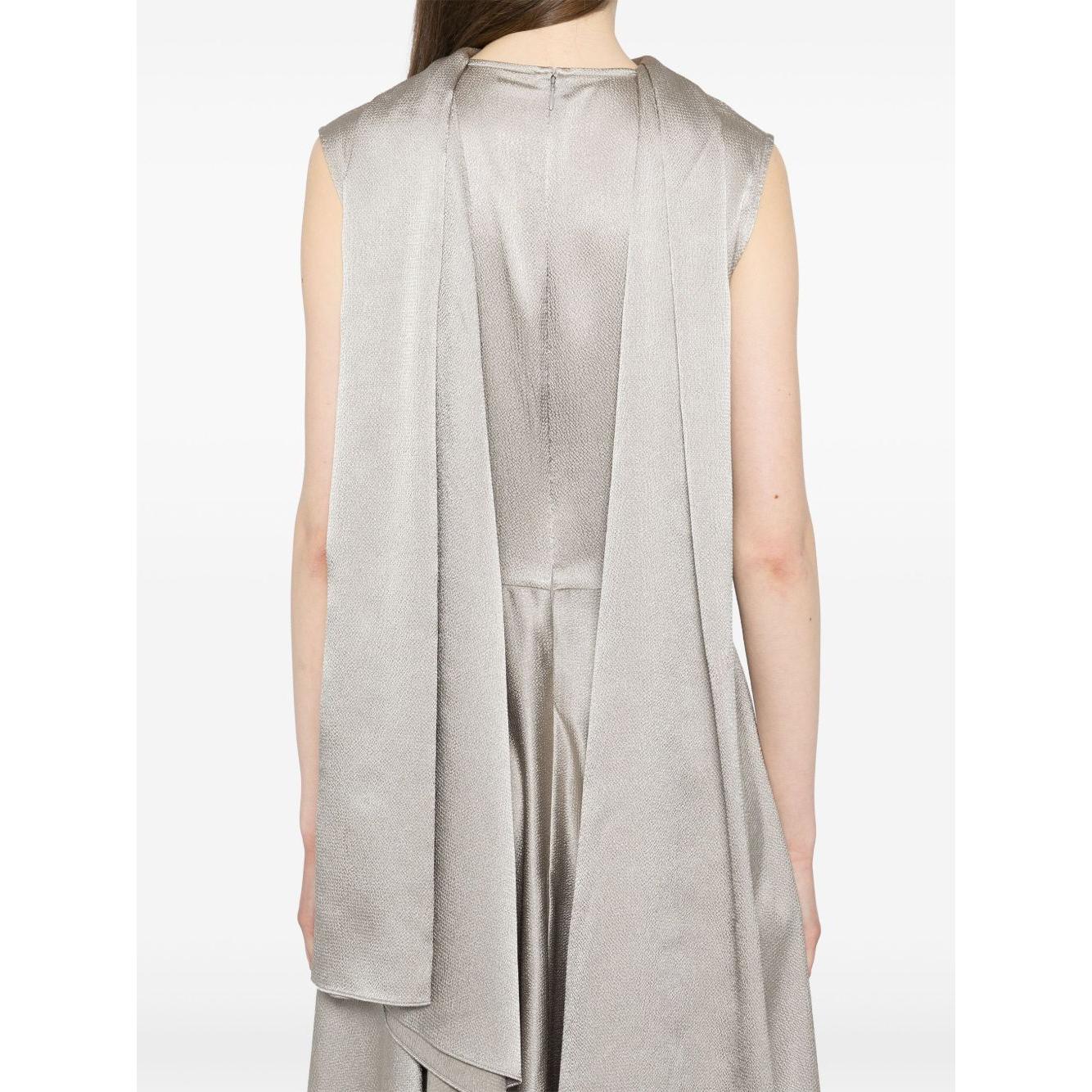 Back view of Solace London Emelia maxi dress in ash grey with scarf detailing, sleeveless, flared hem, and concealed zip fastening.
