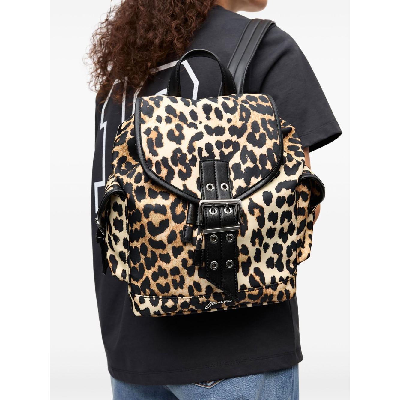 Ganni Leopard Small Nylon Bucky Backpack Backpacks Ganni Beige