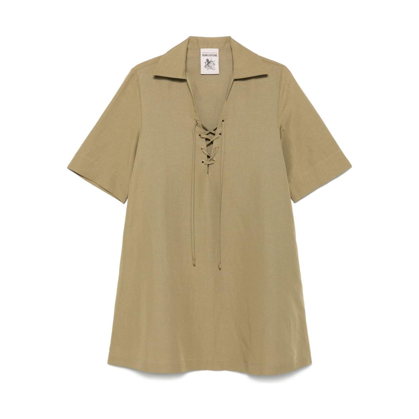 Beige linen blend mini dress with V-neck and short sleeves, Semicouture brand, featuring side slit pockets.