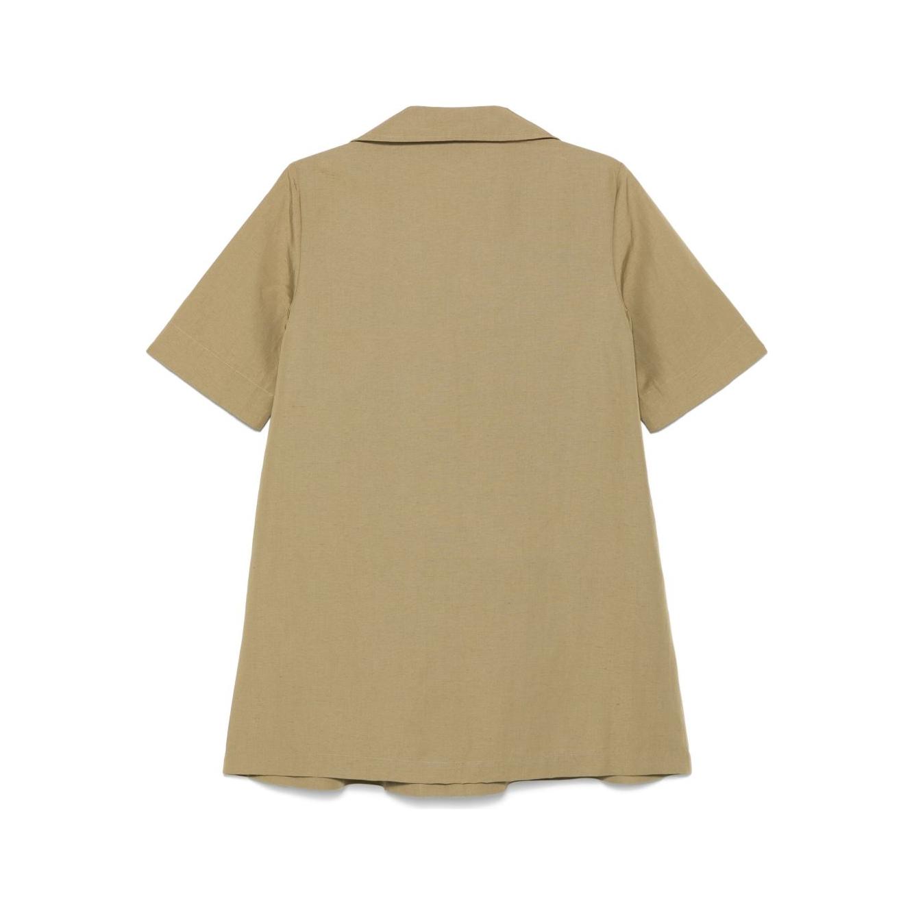 Back view of Semicouture beige mini dress with short sleeves and V-neck, featuring khaki linen blend fabric and side slit pockets.