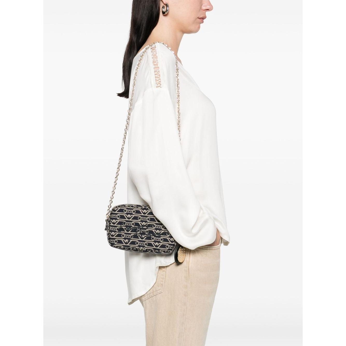 Emporio Armani Jacquard canvas camera case with all-over monogram and chain shoulder strap