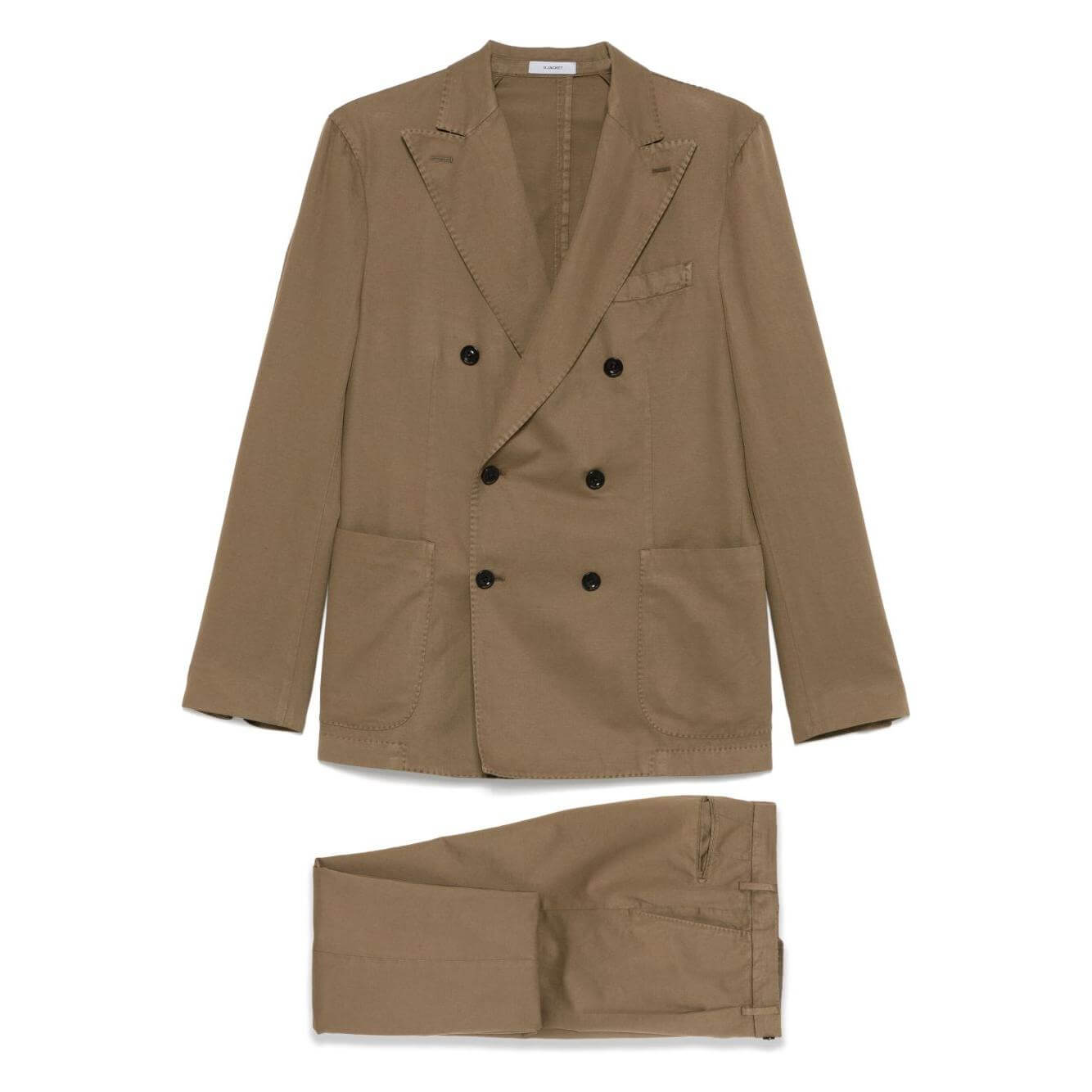 Golden brown Boglioli double-breasted linen suit with concealed front button, chest welt pocket, and side patch pockets.