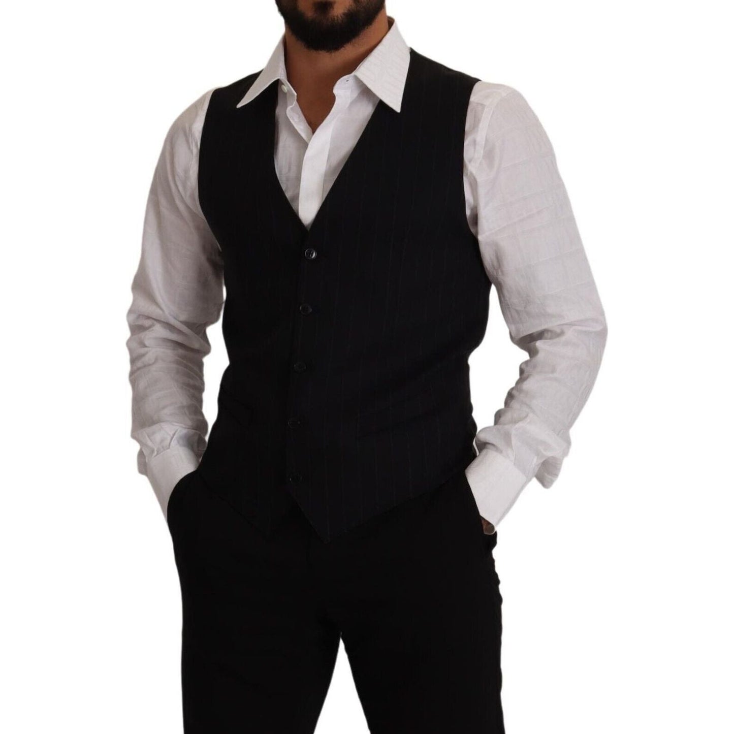Dolce & Gabbana Elegant Blue Striped Dress Vest Dolce & Gabbana Black