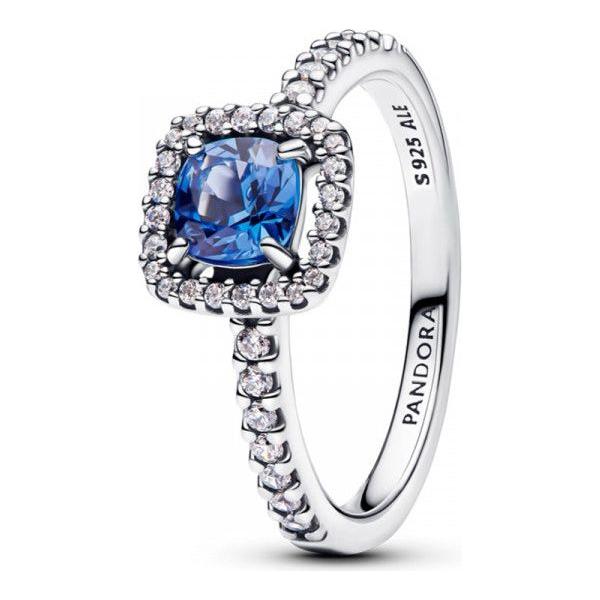 PANDORA JEWELRY Mod. 193555C01-54 ring with blue gemstone and sparkling accents, sterling silver setting, elegant and stylish design.