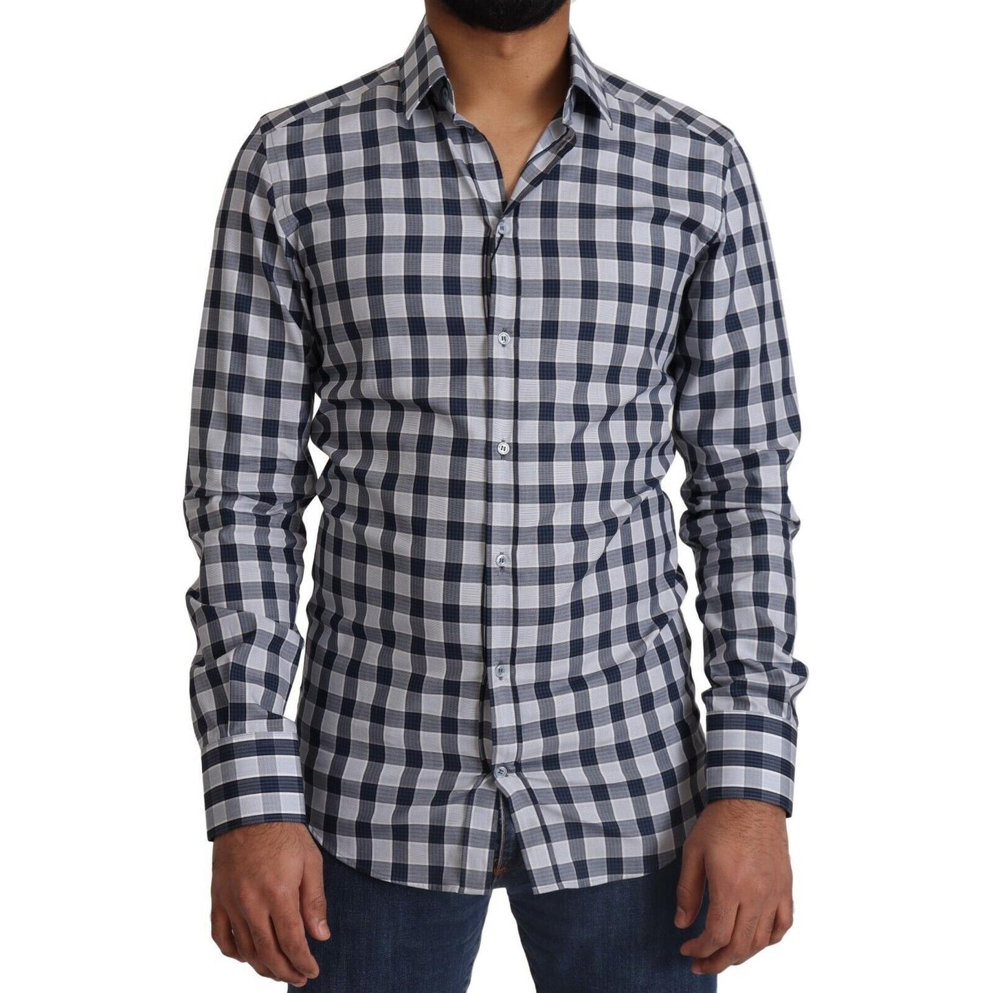 Dolce & Gabbana Elegant Blue & White Checkered Slim Fit Dress Shirt Dolce & Gabbana Dark Slate Gray