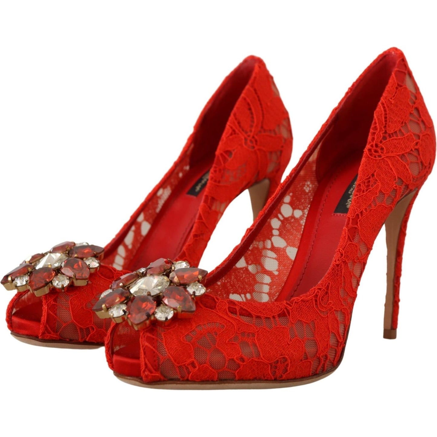 Dolce & Gabbana Red Crystal Taormina Lace Heels Pumps Dolce & Gabbana Firebrick